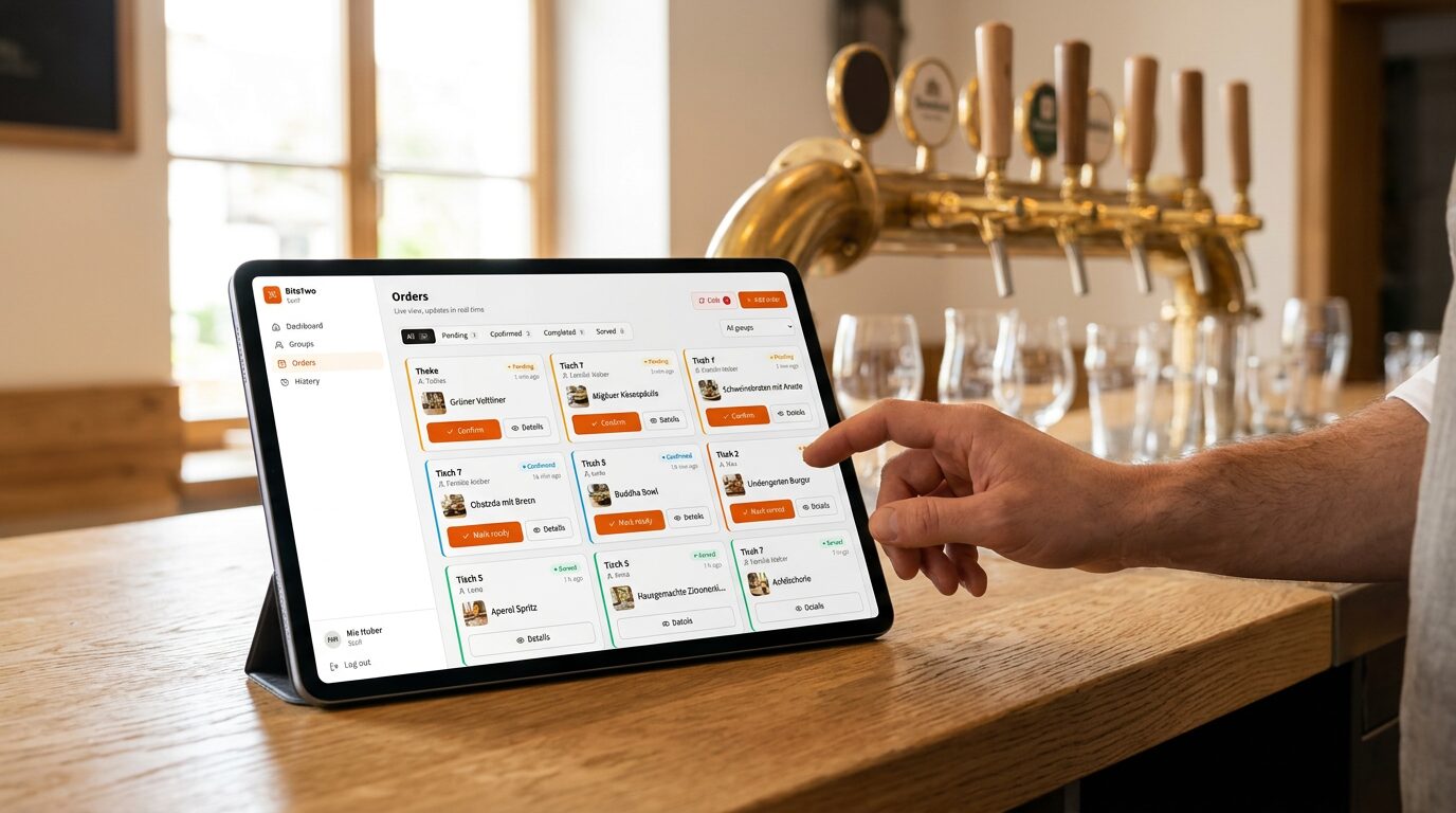 A tablet on the bar counter shows the live orders of all tables