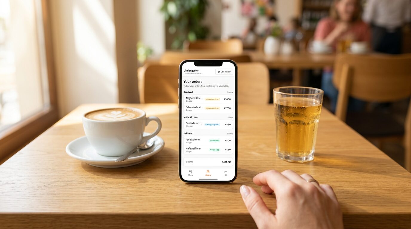 A guest's phone on the table shows their orders and their live status