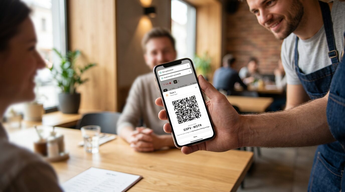 A waiter holds out a phone with a guest's personal QR code and access code