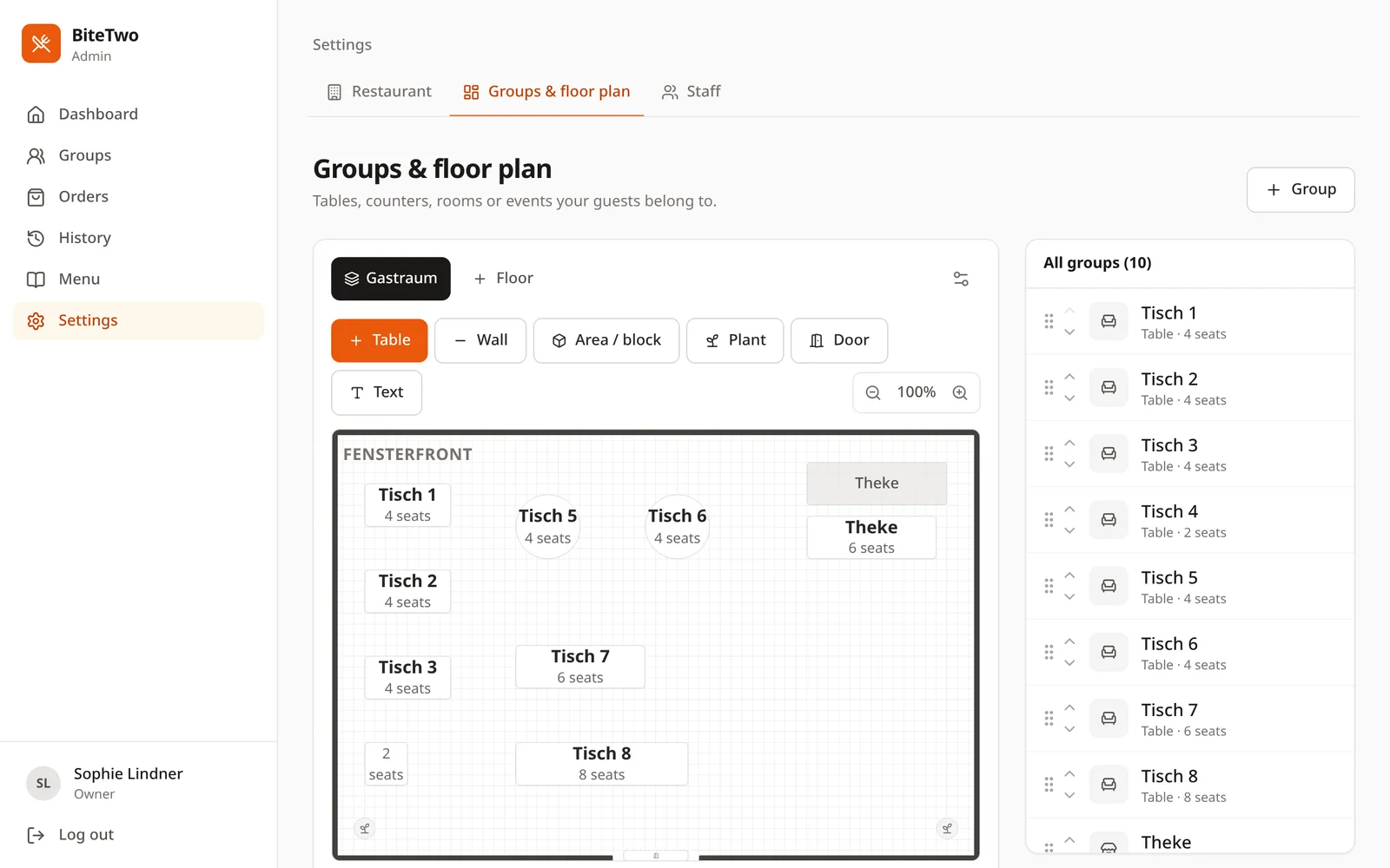 Floor plan editor: tables, bar counter, walls and plants placed on the restaurant's layout