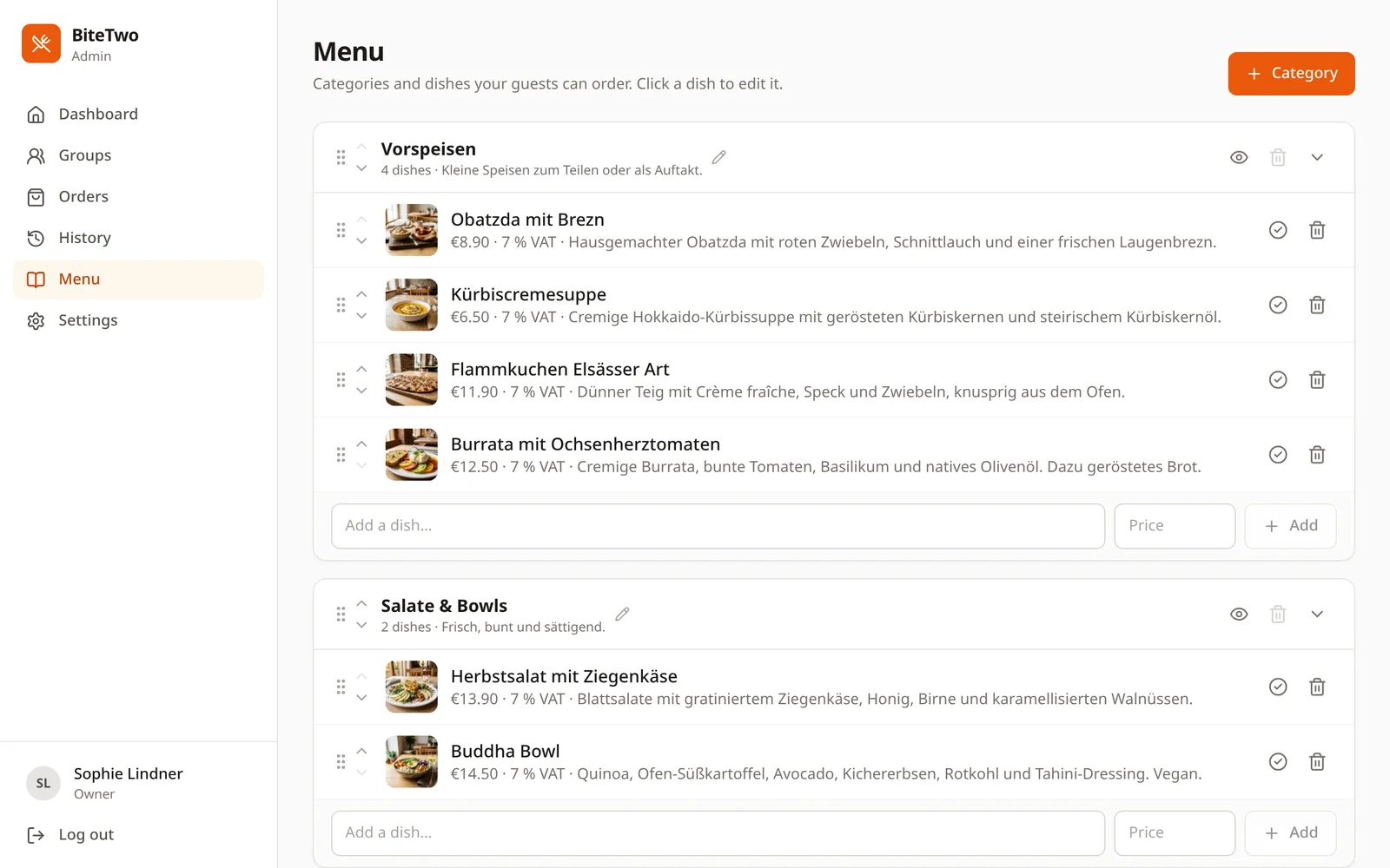Menu editor: categories with their dishes, photos, prices and VAT rates, sortable by drag and drop