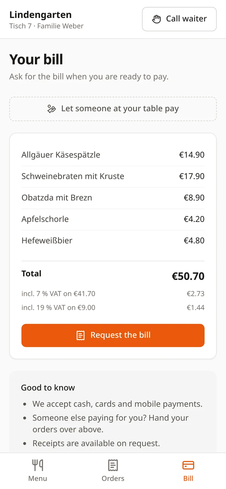 The guest's bill with every item, the total, the VAT and a Request the bill button