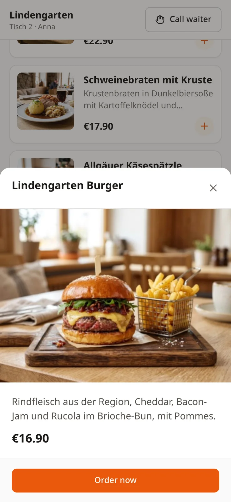 A dish opened on the guest's phone: large photo, description, price and an Order now button