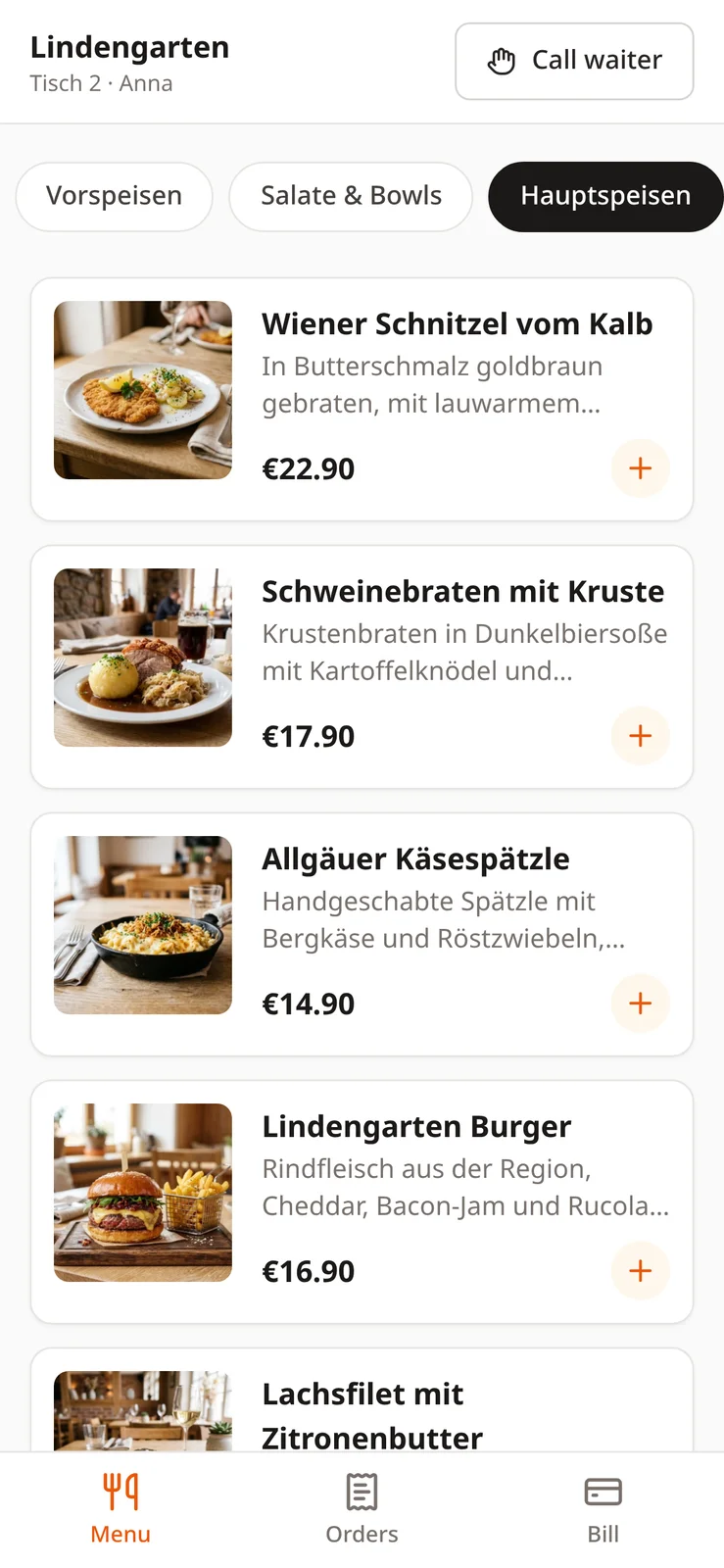 BiteTwo on a guest's phone: the restaurant's menu with photos, descriptions and prices