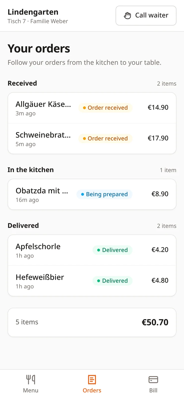 The guest's orders grouped by status: received, in the kitchen and delivered