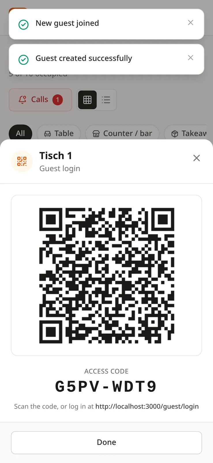 A waiter's phone showing the personal QR code and access code of a new guest at Tisch 1