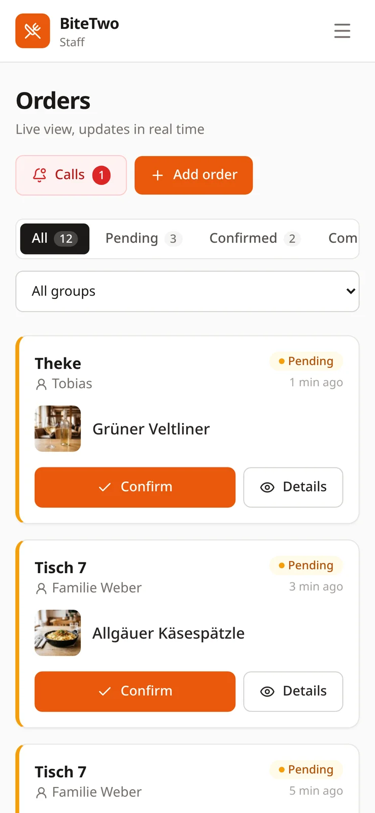 The live order list on a phone