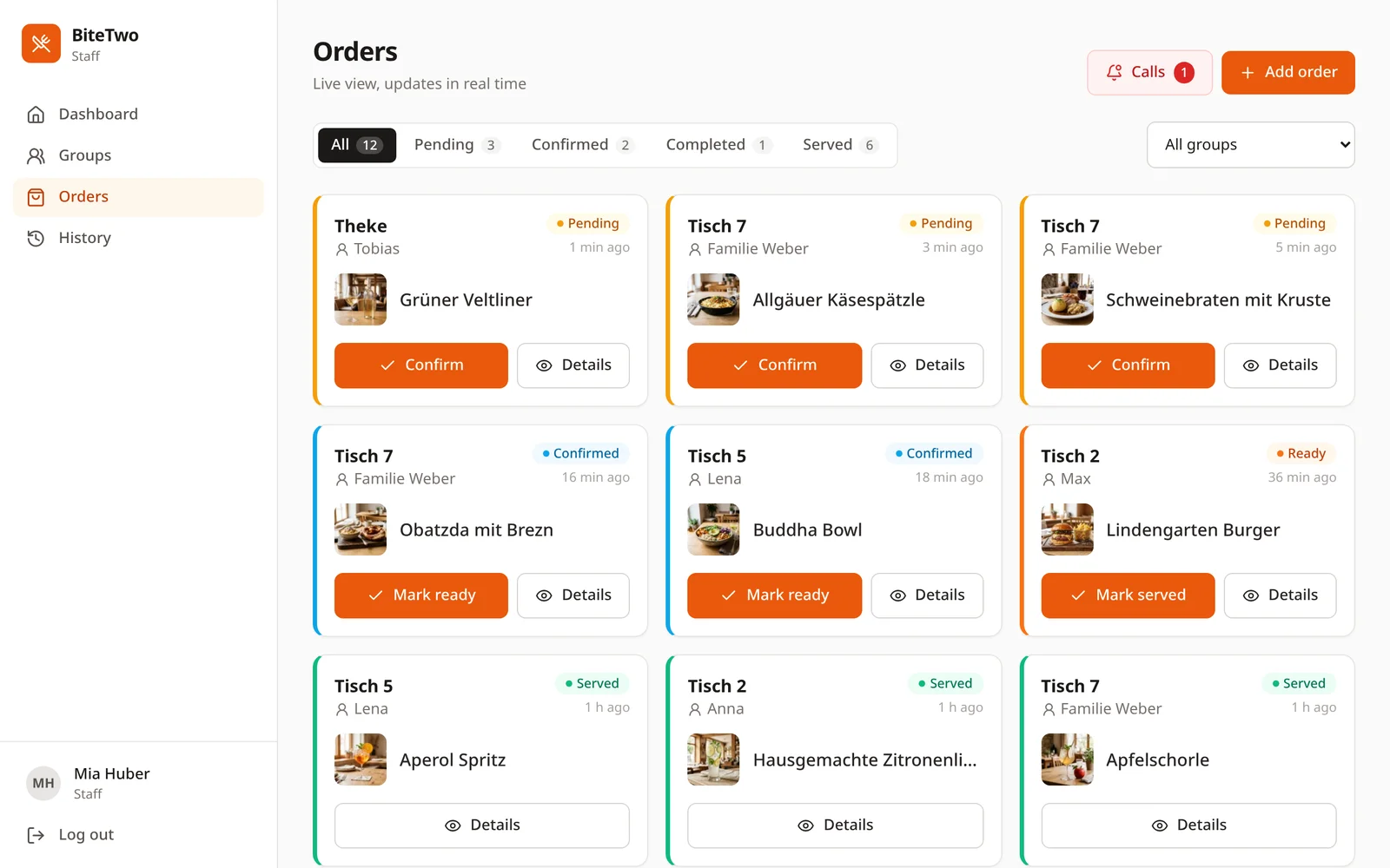 BiteTwo staff view: live orders of every table with dish photos, status and one-tap buttons to confirm or mark them ready